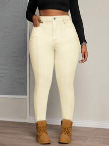 Slaydiva Plus Size Elastic Denim Jeans With Symmetrical Paneling Design - Apricot - View 3