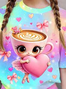 Bộ 2 món gồm áo thun ngắn tay cổ tròn in hình hoạt hình và quần short, trang phục mùa hè giản dị, thoải mái dành cho bé gái. - Nhiều màu - Xem 3