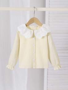 SHEIN Elladie kids 女童优雅刺绣花卉领长袖纽扣前襟休闲公主衬衫，适合上学、度假、旅行、生日派对、春秋季穿着。 - 杏色 - 查看 3