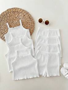 Baby Girl Solid Color Ribbed Camisole And Shorts Casual Set - Multicolor - View 11
