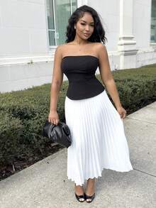 Alexandranx 女士两件套西装黑色上衣和优雅百褶裙，度假套装，优雅女士套装，老钱风格女士，度假两件套，女士夏季服装 - 黑與白 - 查看 1