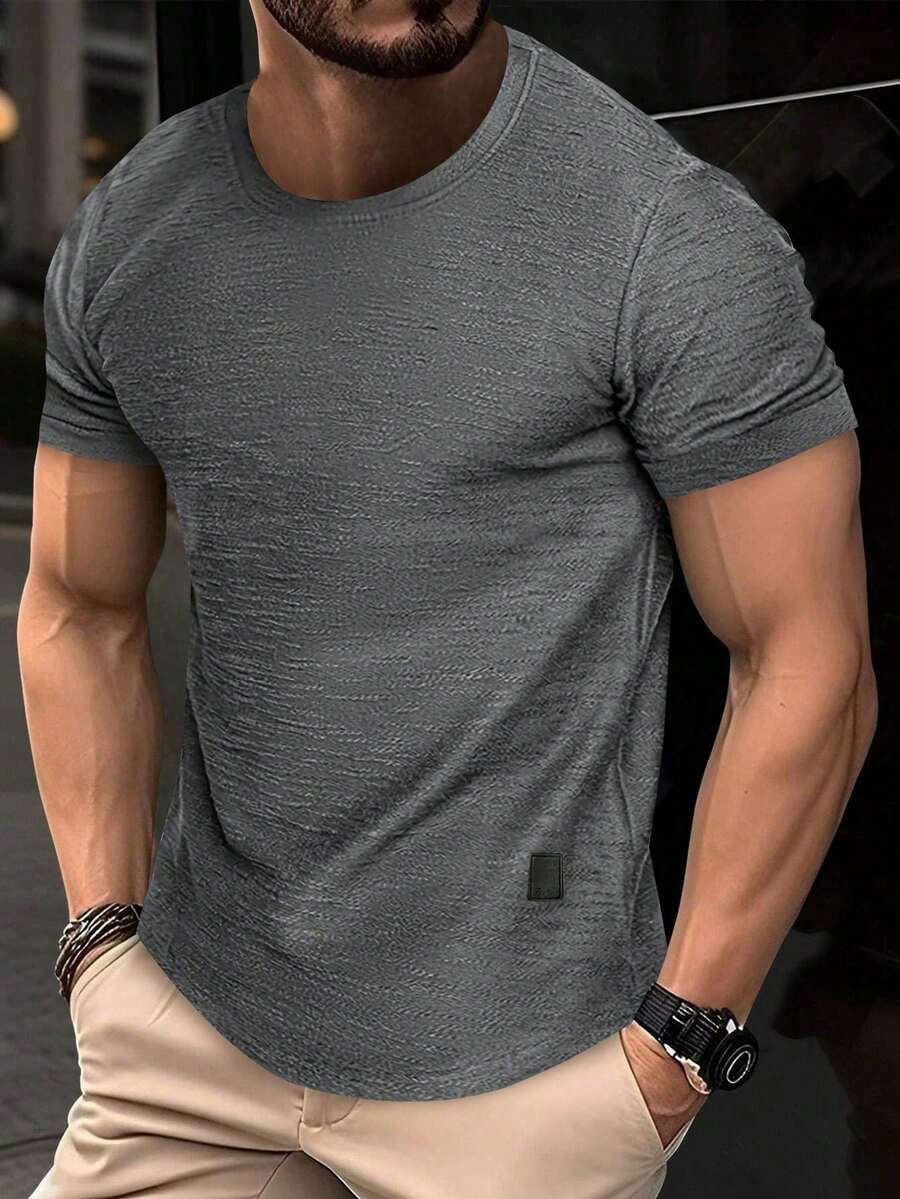 Manfinity Roughcore 男士纯色简约休闲圆领短袖T恤 - 深灰色 - 查看 1