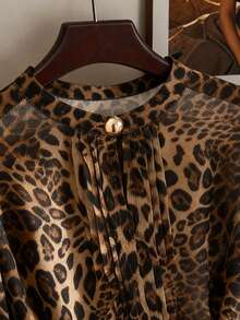 Franclia Women's Pleated Round Neck Button Bow Tie Leopard Print Blouse - Coffee Brown - View 4
