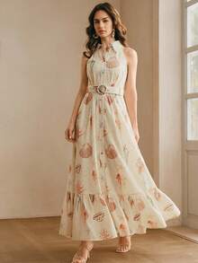 Anewsta Đầm chữ A thanh lịch, gợi cảm dành cho nữ, cổ polo, bèo nhún, phối họa tiết rỗng, thêu họa tiết sóng biển, thích hợp cho kỳ nghỉ biển. - Nhiều màu - Xem 4