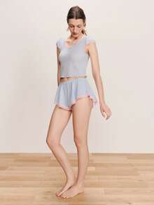 lacRébo Bộ đồ ngủ ren xanh dương và hồng gồm áo thun cổ tròn và quần short ống loe, đồ mặc nhà dễ thương, thoải mái, phong cách Pháp mùa xuân hè. - Màu xanh nhạt - Xem 3