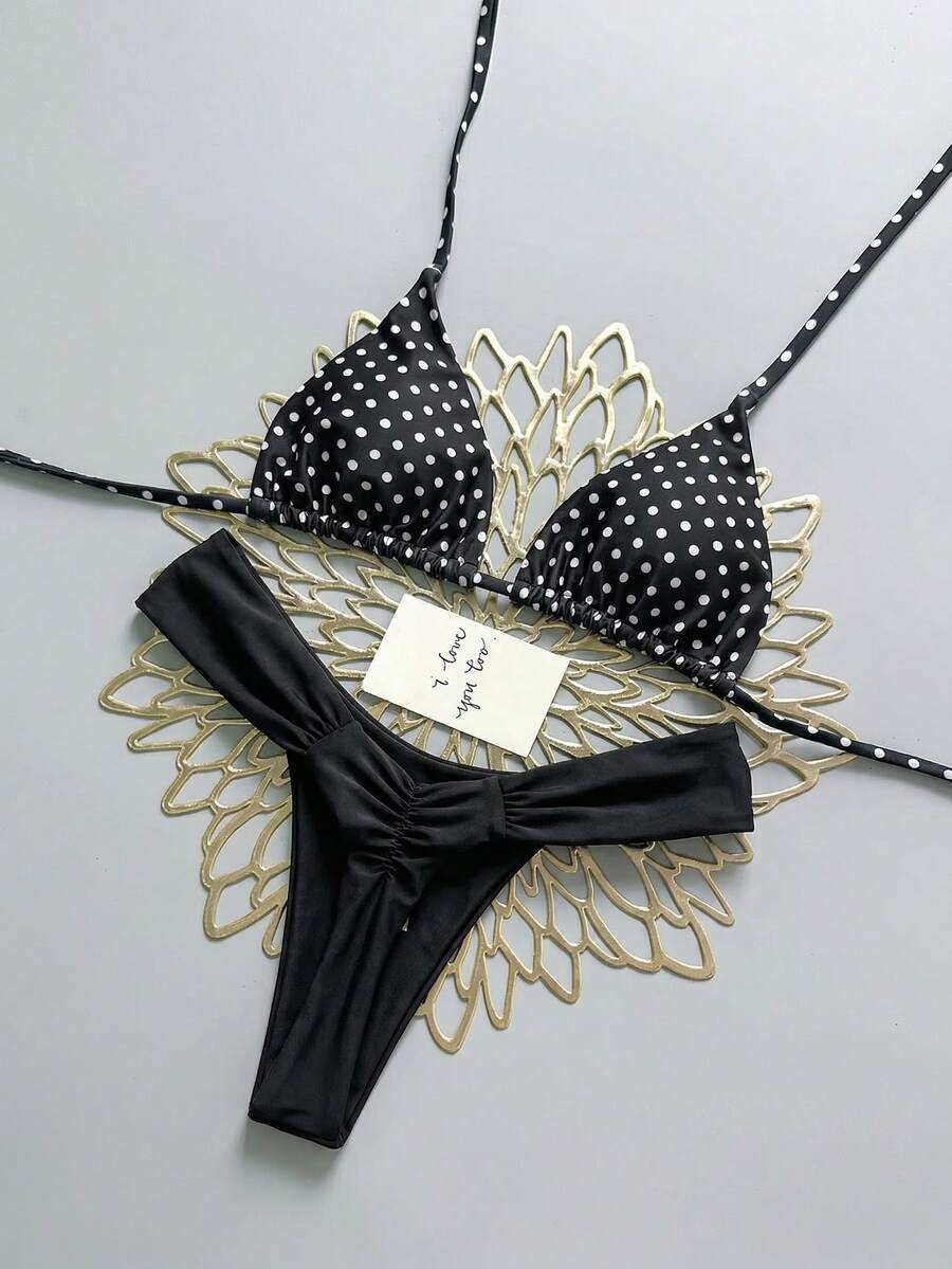 Swim Mod 26SS Spring/Summer Vacation Beach Polka Dot Cute Bikini Set - Black and White - View 1