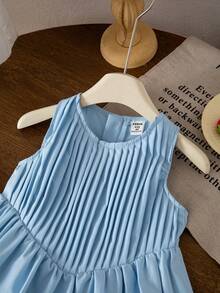 SHEIN Elladie kids 女童休闲时尚百搭无袖褶皱连衣裙 - 藍色 - 查看 6