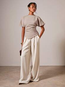 COSMINA Camiseta de mujer de cuello redondo con pliegues elegante, adecuada para todas las estaciones - Caqui - Ver 6