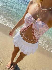 Sundraya 女士度假沙滩花卉亮片流苏下摆抹胸上衣 - 粉色 - 查看 4