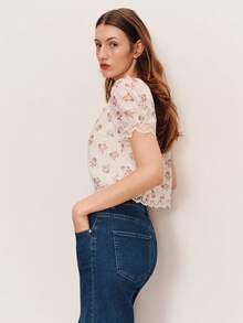 lacRébo 白色花卉刺绣泡泡袖上衣，蕾丝细节，波西米亚法式风格，度假上衣，外出上衣，春夏款 - 彩色 - 查看 6