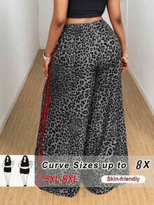 SHEIN CURVE+ 2025新款女士加大码休闲豹纹撞色腰带蝴蝶结直筒裤，时尚百搭 - 彩色 - 查看 2