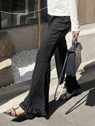 FRIFUL Women's Polka Dot Print Ruffle Hem Flare Leg Elegant Pants