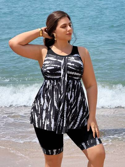 Swim Lushoire 2026 New Plus Size Women's Tankini Swimsuit Two Pieces Set, Backless Bikini With Skirt, Solid Black Patchwork Digital Print, Suitable For Beach, Party, Vacation