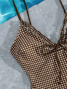 Swim Mod Women's Vacation Beach Casual Patchwork Retro Brown Gingham Print V-Neck + Ruffle Trim Spaghetti Strap One-Piece Open Back Swimsuit, Front Tie Design, Ideal For Sports & Beach, Spring Break & Summer Vacation Season.2026 Swimwear .French Style Swimsuit.Euro Summer Swimsuit.Summeroutfit Swimsuit For Women New Women's Swimwear Cute Swimsuits For Women Bathing Suit For Women Beach Outfit For Gingham One Piece Swimsuit Brown Gingham Swimsuit Ruffle One Piece One Piece Bathing Suits For Women - Multicolor - View 8