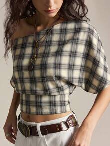 Easelle 2026 Damen Karomuster Fledermausärmel Lässiges Loose Top, asymmetrische Schulter Karobluse, Retro Kurzarm Tops in mehreren Farben - Verschiedenfarbig - Übersicht 6