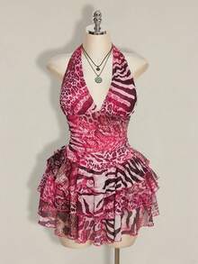 SHEIN ICON Plus Size Women's Sexy Beach Vacation Leopard & Zebra Print Patchwork Backless Tie-Front Ruffle Hem Waist Cinched Dress - Hot Pink - View 3