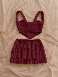 Soleia Bộ đồ hai mảnh gồm áo hai dây croptop móc len gợi cảm và chân váy cạp thấp, thích hợp cho lễ hội âm nhạc, phong cách bohemian, kỳ nghỉ, hẹn hò, tiệc trà chiều. - Màu Đỏ Sâu - Xem 2