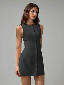 SHEIN Tall Đầm ngắn không tay màu trơn tối giản dành cho nữ, thích hợp cho mùa hè. - Màu xám đen - Xem 5