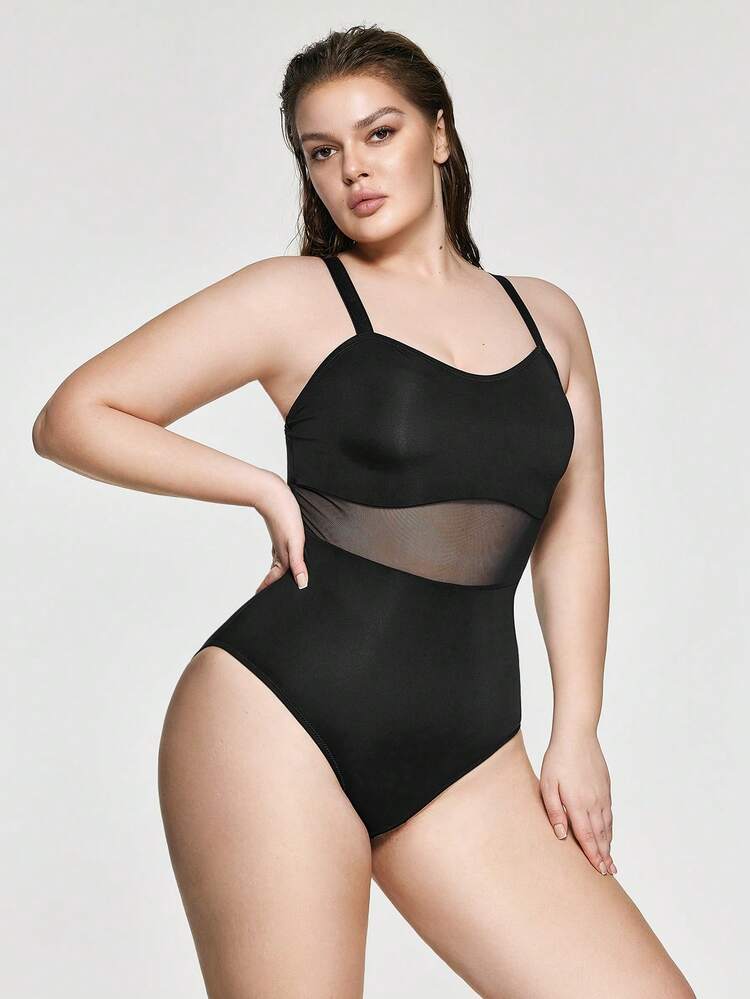 SHAPORA Plus Size Mesh Patchwork Shapewear Jumpsuit - Black - View 2