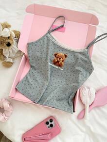CovetEZ Grey Casual Women's Bear Print Lace Patchwork Camisole Top - Grey - View 5