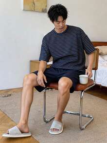 DAZY 男士海军蓝条纹弹力腰纯色短裤睡衣套装，夏季 - 藏蓝色 - 查看 5
