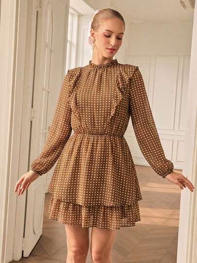 Aveloria Rosie Robe à volants avec découpe au dos, imprimé confettis. Robe courte femme à manches longues, col montant, coupe régulière, imprimé tout-sur-tout, ligne A. Tenue décontractée pour le printemps/automne, port quotidien, vacances.