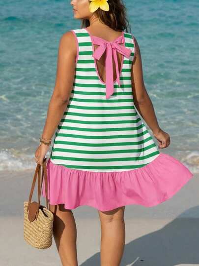 Veykashi Vestido de talla grande con estampado de bloques de color y rayas para vacaciones