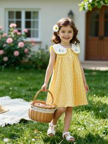 Elladie kids 女童刺绣彼得潘领可爱格子休闲连衣裙 - 黃色 - 查看 3