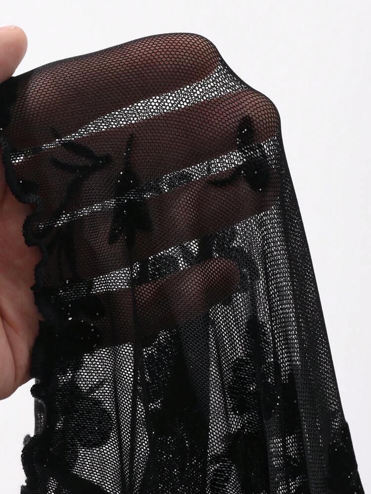 Sequin Shiny Ditsy Floral Flocked Lace Blouse, Black, V-Neck, Flare Sleeve, Mesh Splice, Elegant, Suitable For Valentine's Day, Wedding, Party, Formal Occasion, Slim Fit, Thin, Long Sleeve, Women Top Summer