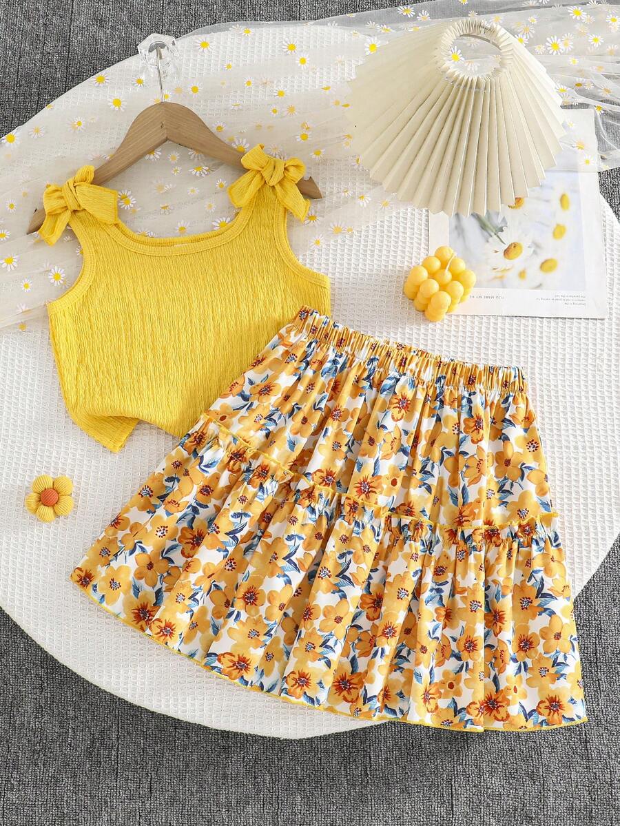 SHEIN 两件套少女休闲蝴蝶结吊带背心和彩色碎花裙，适合日常穿着和度假。 - 彩色 - 查看 1