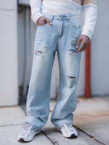 BelSigned BelSigned 1pc Hearty Haven Distressed American Street Style Loose Fit Wide Leg Washed Denim Jeans For Men (No Belt & Accessories) - Blue - View 1