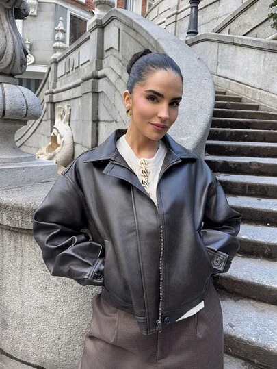Marta Soriano Chaqueta de cuero regular de mujer de PU grueso, casual y holgada, nueva para otoño/invierno