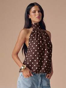 SHEIN BAE Top corto sexy con cuello de halter y espalda descubierta a lunares en blanco y negro, adecuado para festivales de música y vacaciones - Café integral - Ver 5