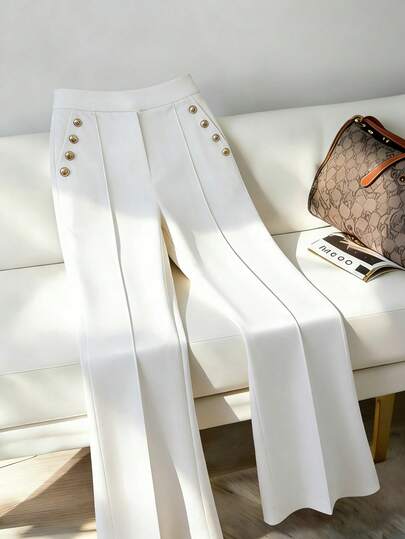 SHEIN Franclia Women's Spring/Summer New Elegant Commuter Style White Metal Buckle Decor Wide Leg Pants. Made Of Crisp And Smooth Fabric, Featuring A High-Waisted Silhouette, Side Metal Button Decoration, And Relaxed Flared Hem. A Versatile And Sophisticated Piece Suitable For Daily Commute And Light Office Wear, Belonging To The Category Of Commuter Style White Wide-Leg Pants, High-Waisted Flared Casual Pants, And Metal Buckle Decor Chic Trousers.