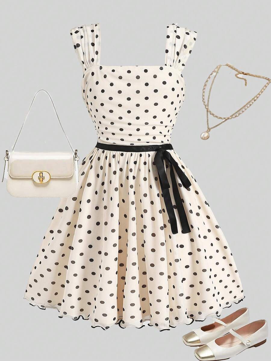 SHEIN Girlism Đầm dệt kim chấm bi ôm dáng, thích hợp cho kỳ nghỉ hè, dành cho thiếu nữ. - Màu be - Xem 1