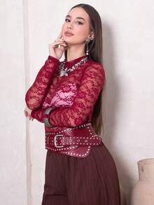 Duda Rubert 女士简约百搭蕾丝紧身衣，适合节日聚会穿着 - 酒紅色 - 查看 3