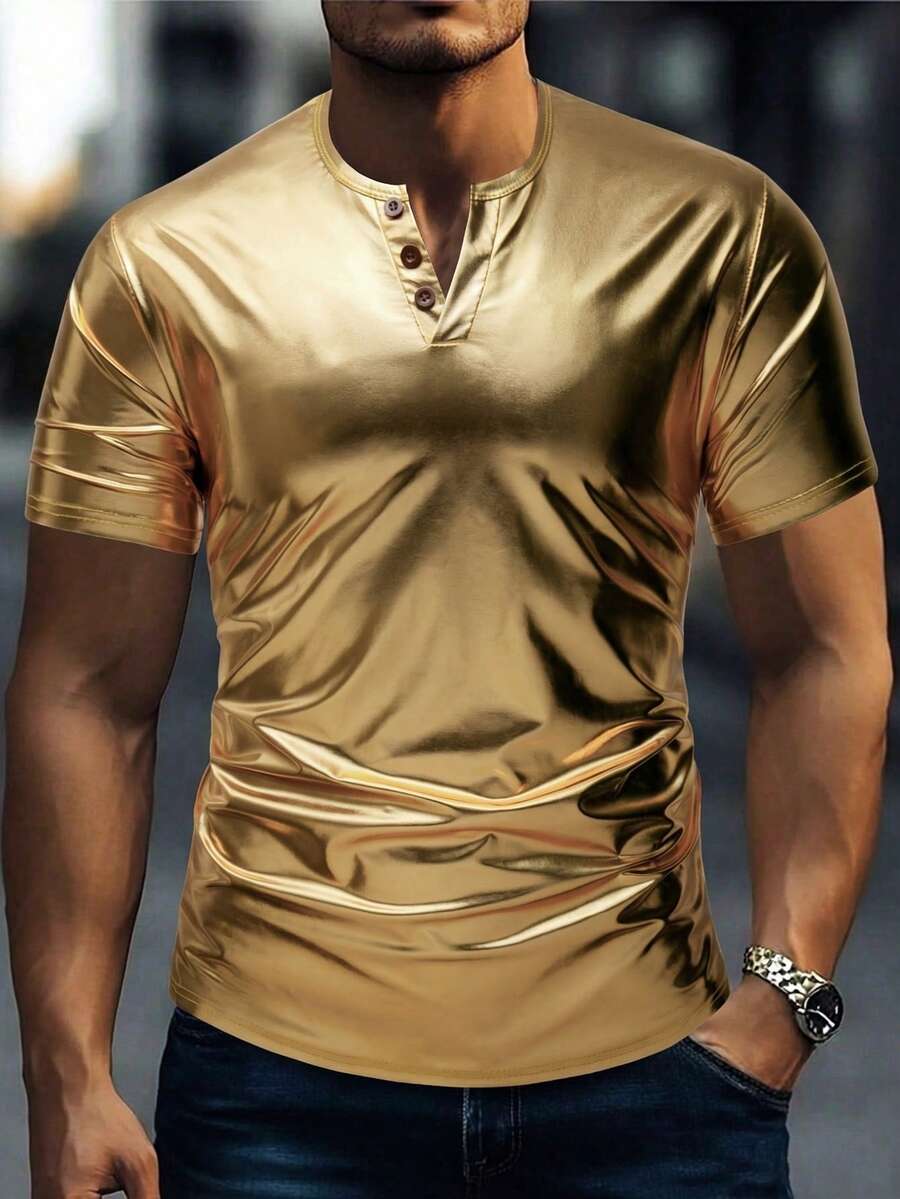 Manfinity Homme Áo thun nam tay ngắn in họa tiết ánh vàng, kiểu dáng thường ngày, thích hợp cho mùa xuân/hè. - Vàng - Xem 1