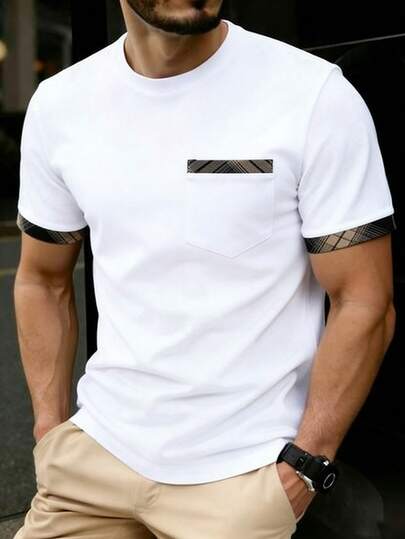 Manfinity Mode Men's White Casual Plaid Patchwork T-Shirt, Mature Style For Spring And Summer