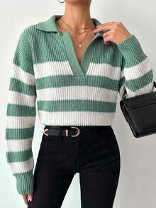 EURMUSE Striped Pattern Drop Shoulder Sweater - Mint Green - View 1
