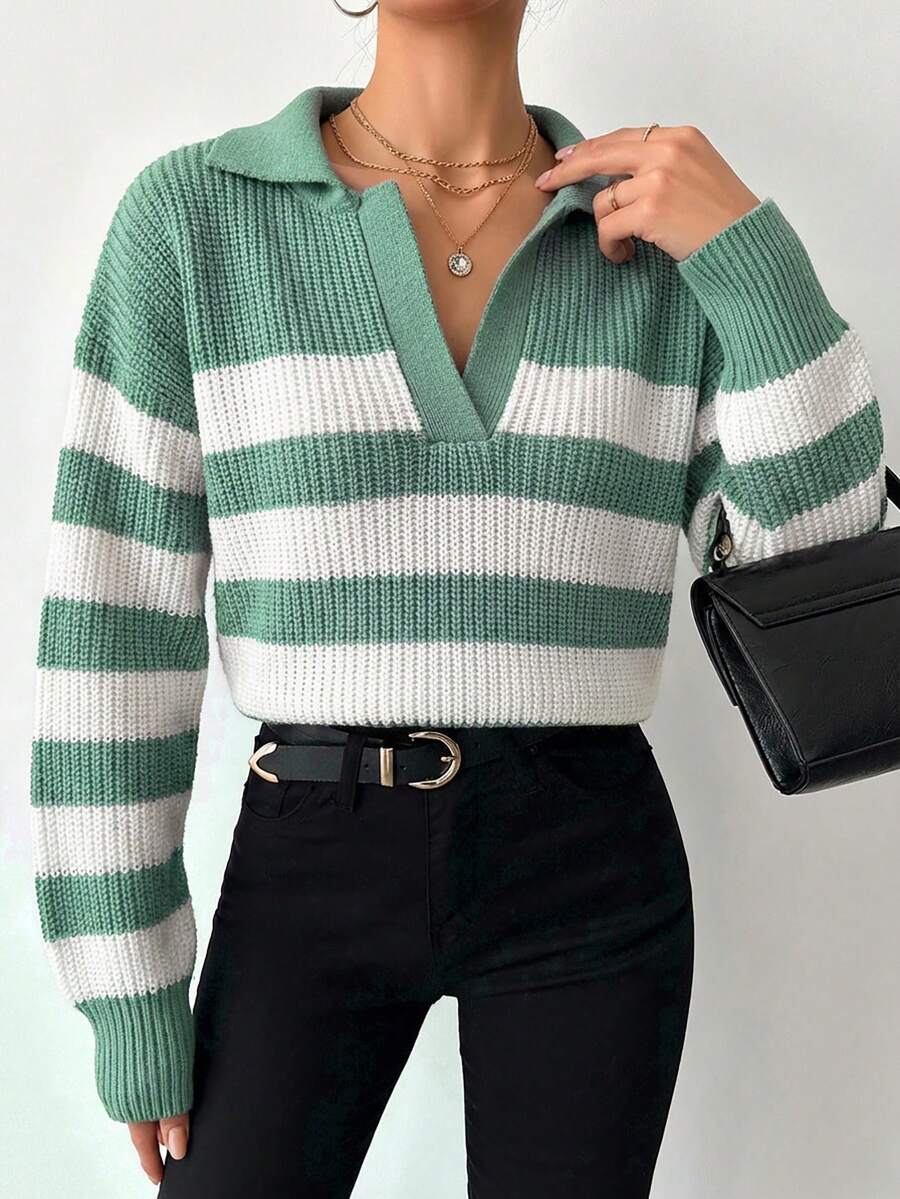 EURMUSE Striped Pattern Drop Shoulder Sweater - Mint Green - View 1