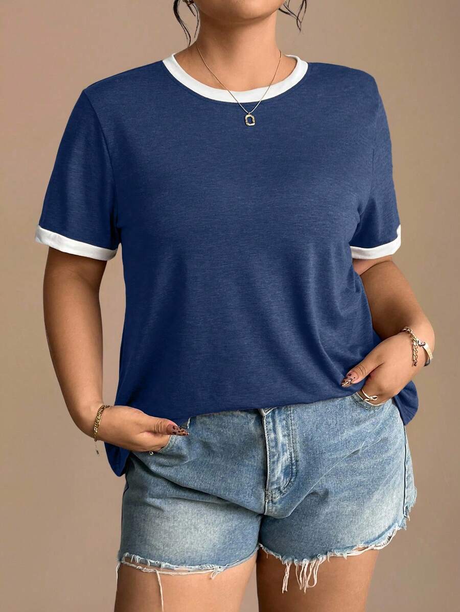 SHEIN LUNE CURVE 大码女式休闲撞色滚边T恤 - 彩色 - 查看 1