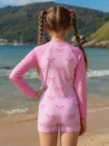 Tween Girls' One-Piece Swimsuit, Pink Striped Bow Print Long Sleeve Zipper, Suitable For Swimming, Summer Vacation, Beach - Pink - View 2