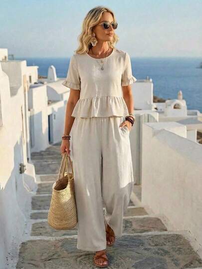 EMERY ROSE Women's Solid Color Round Neck Pleated Short Sleeve Top And Wide Leg Pants Casual 2-Piece Set Two Piece Casual Sets Casual Coords Set For Women Summer Lounge Sets For Women Two Piece Set Woman Pants And Top Summer Outfits For Women Vacation Sets Women Vacation Outfit Sets Womens Summer Outfits Womens Summer Co Ord Women 2 Piece Outfit Casual