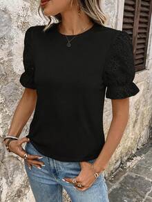 Breezaya Áo thun ngắn tay màu trơn, đa năng, phong cách thường ngày - màu đen - Xem 5