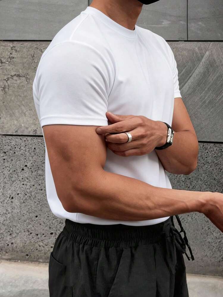 Plus Size Men's Solid White Crew Neck Short Sleeve T-Shirt, Summer