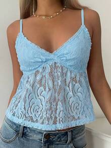 CovetEZ 女士休闲新款纯色甜美休闲优雅蕾丝吊带背心，夏季时尚吊带上衣，蓝色上衣 - 藍色 - 查看 3
