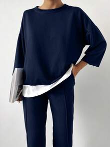 EURMUSE 90% Cotton Drop Shoulder 2 In 1 Tee & Seam Detail Sweatpants - Navy Blue - View 6