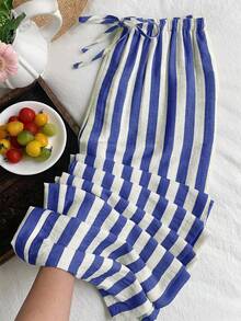 SHEIN EZwear Pantalones de talla grande con cordón en la cintura, a rayas azules y blancas - Azul y blanco - Ver 1