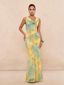 Lumalex 女士优雅性感绿色深V领露背无袖修身喇叭中长连衣裙，春夏款 - 綠色 - 查看 8