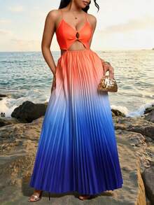 Lureya Women Multicolor Boho Long Pleated Cami Dress Ombre Random Print Ruffle Hem Sleeveless Spaghetti Strap Beachwear Prom Dresses For Women - Multicolor - View 7